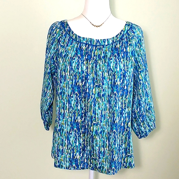 Liz&Co., Blue/green print blouse. XL - Picture 5 of 7